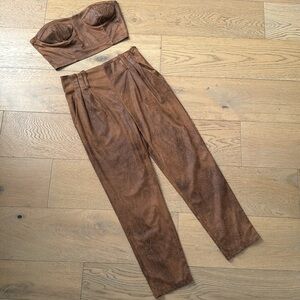 Venti6 brown strapless top high waisted pants in distressed leather microvelvet